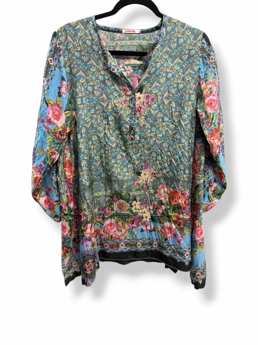 Johnny Was Ellynora Silk Tunic Top Peasant Teal Mixed Media Oversized Small
